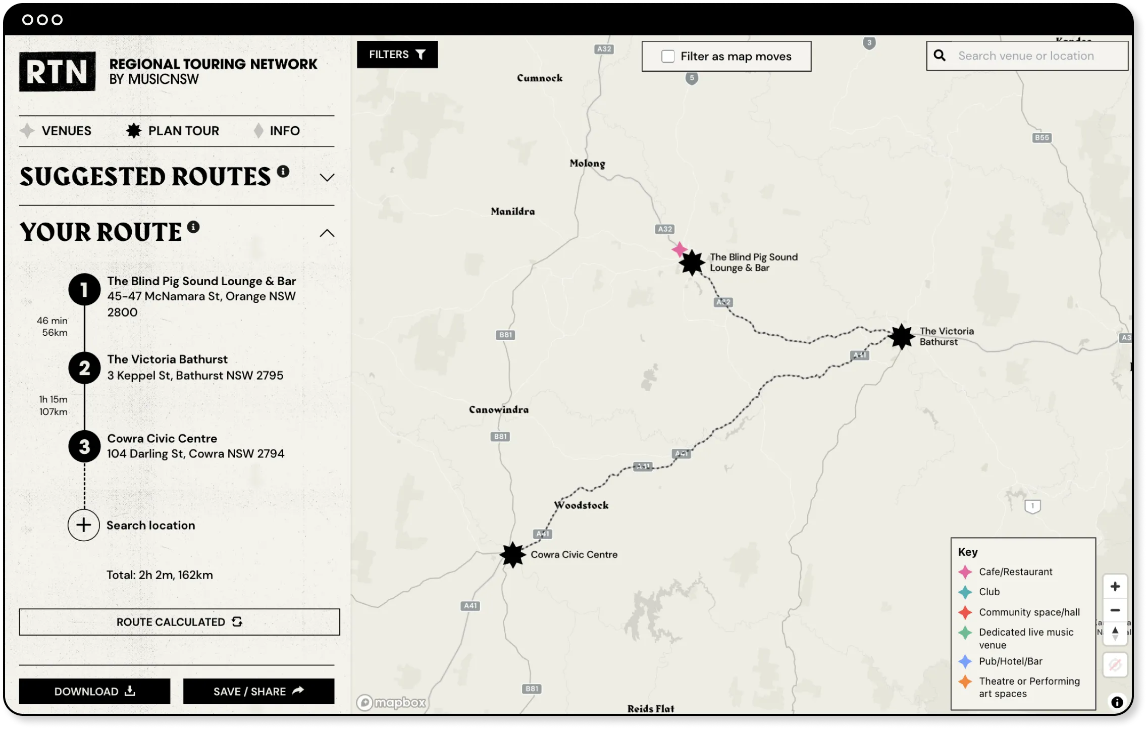 The Regional Touring Network venue explorer on desktop