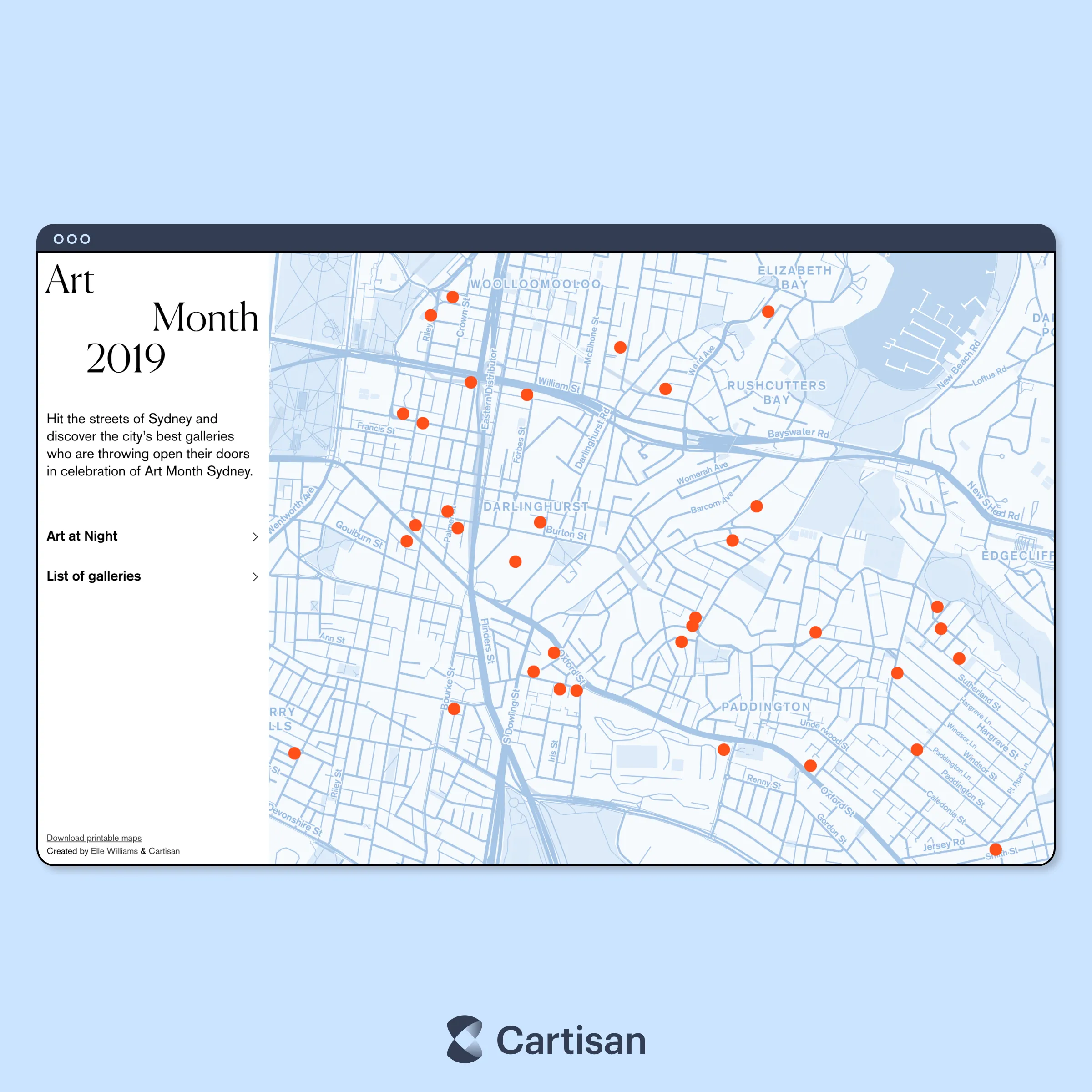 The Art Month Sydney map with pink illustrated streets