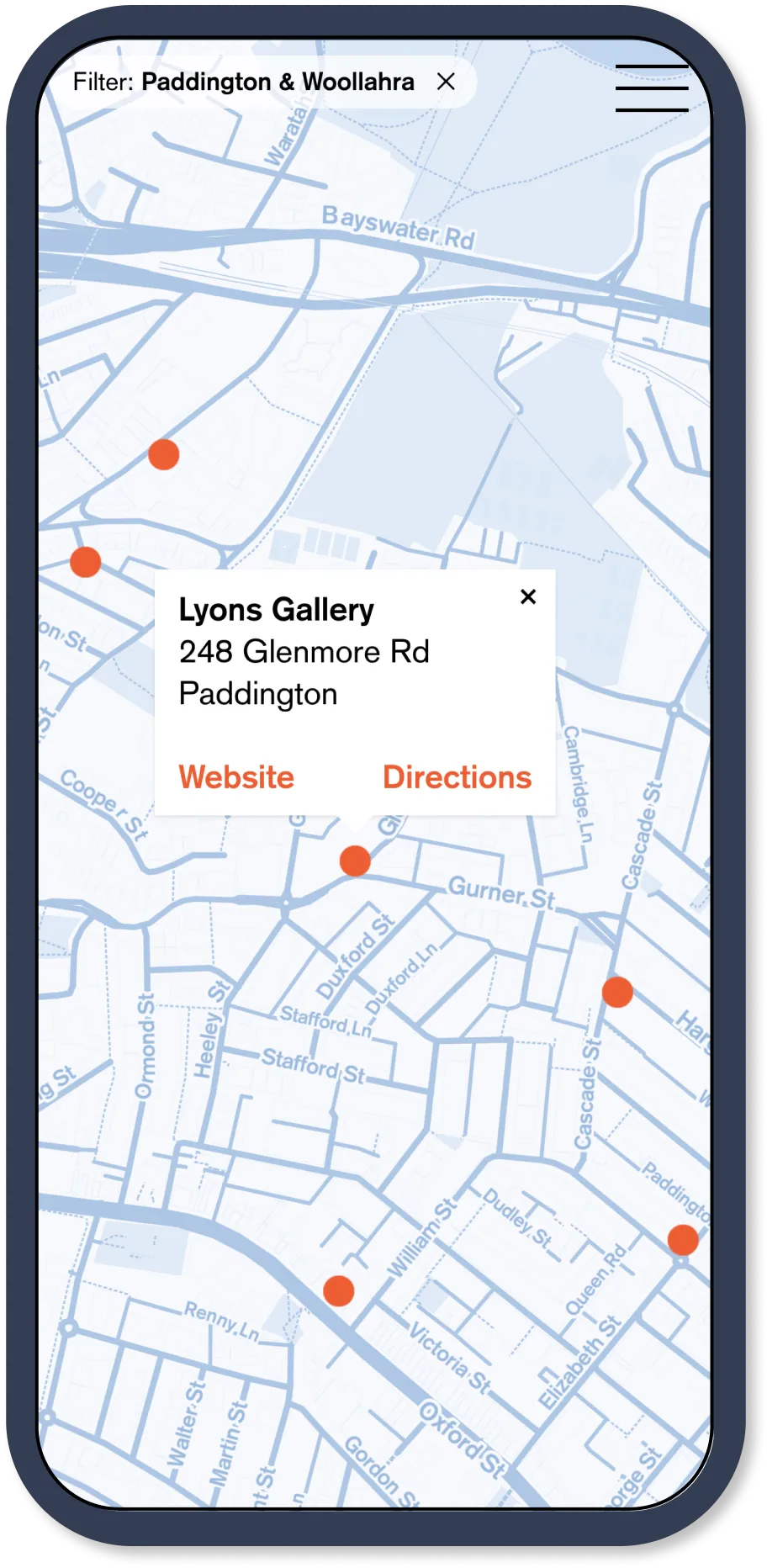 The Art Month Sydney map on mobile