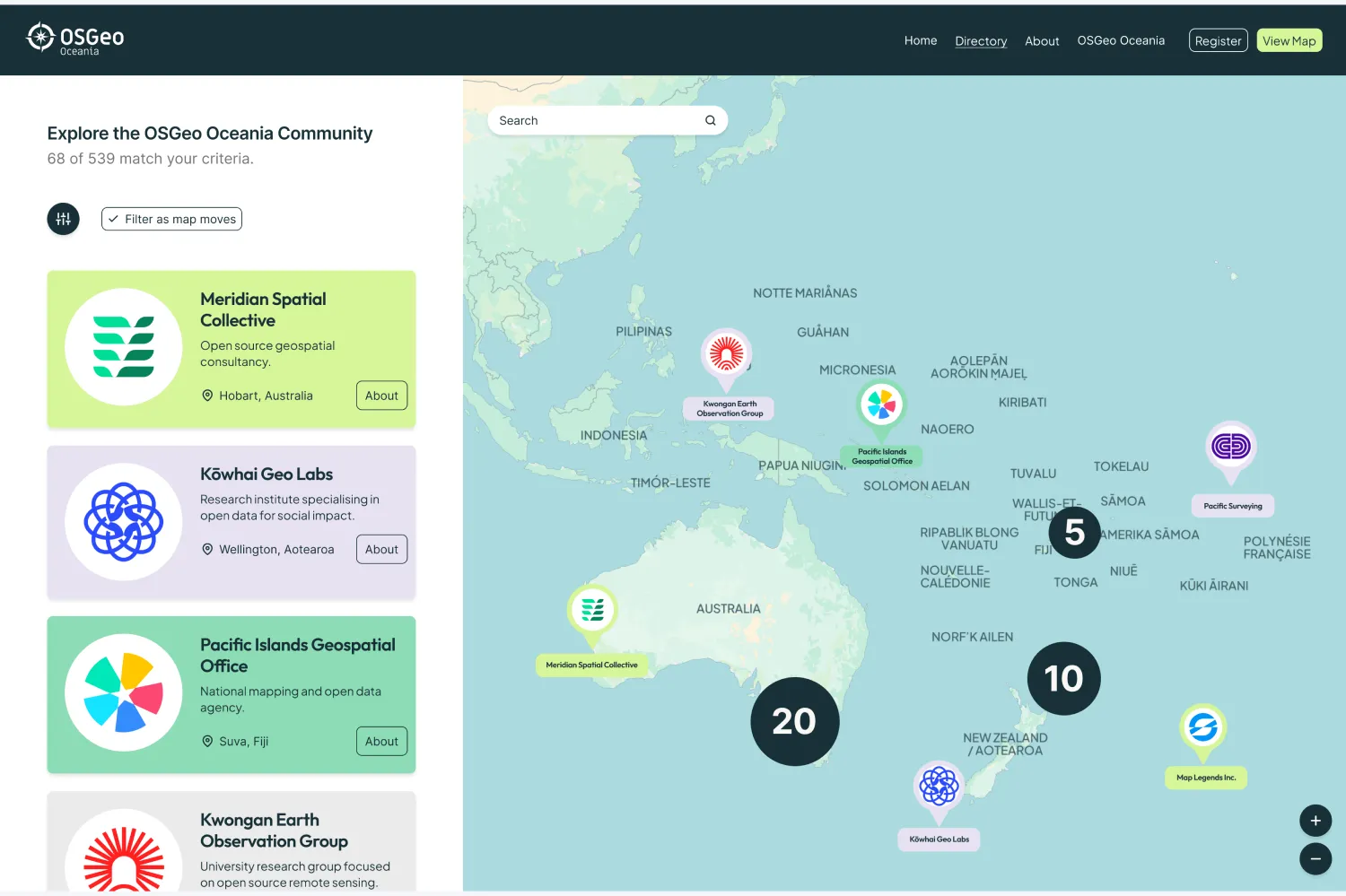 The OSGeo Oceania community directory, with organisation cards listed beside a map of the Pacific showing member locations and clusters.