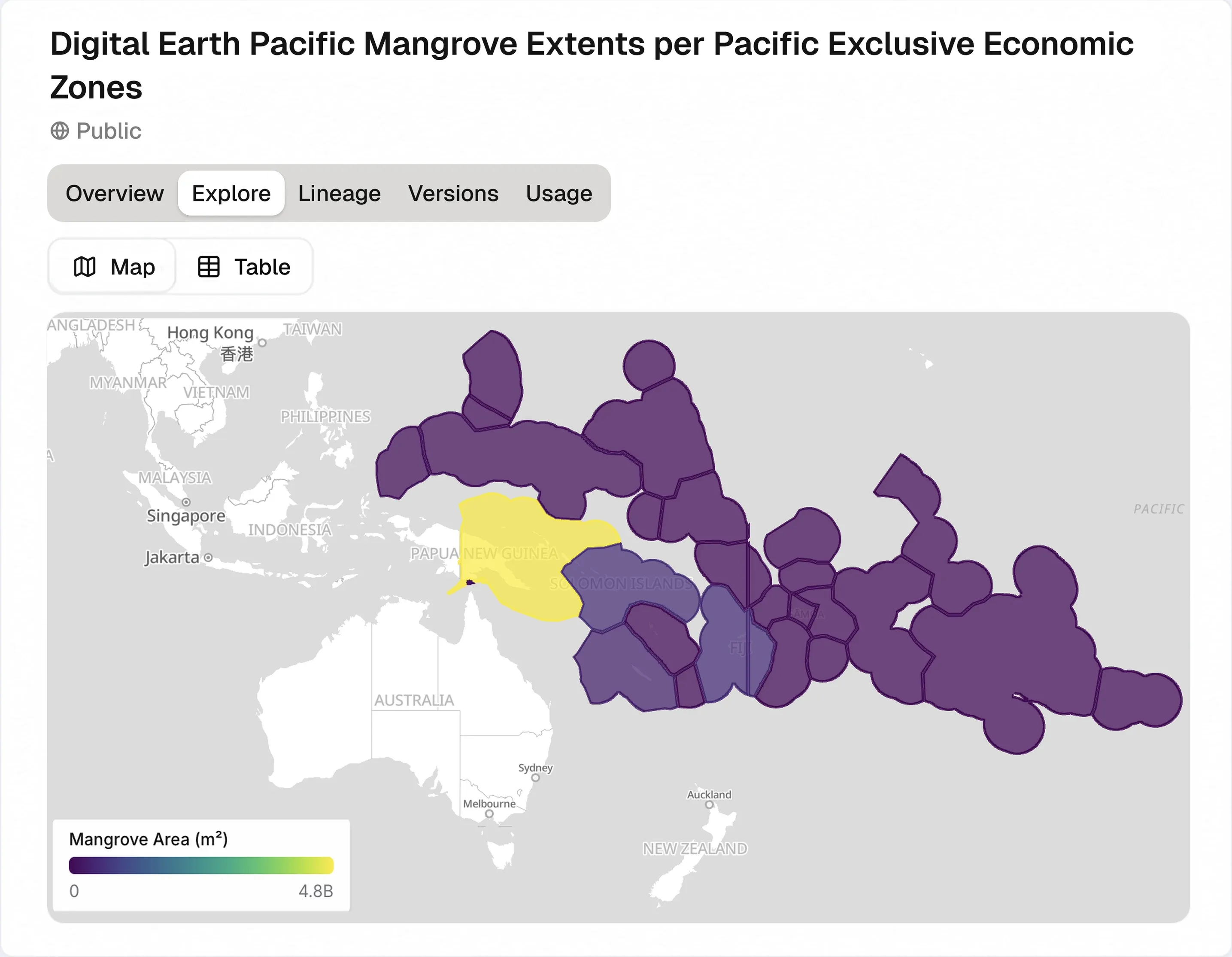 The Explore view of the product “Digital Earth Pacific Mangrove Extents per Pacific Exclusive Economic Zones”: a map of the Pacific with each zone shaded by mangrove area on a purple-to-yellow scale, with the product’s details and a legend beside it.