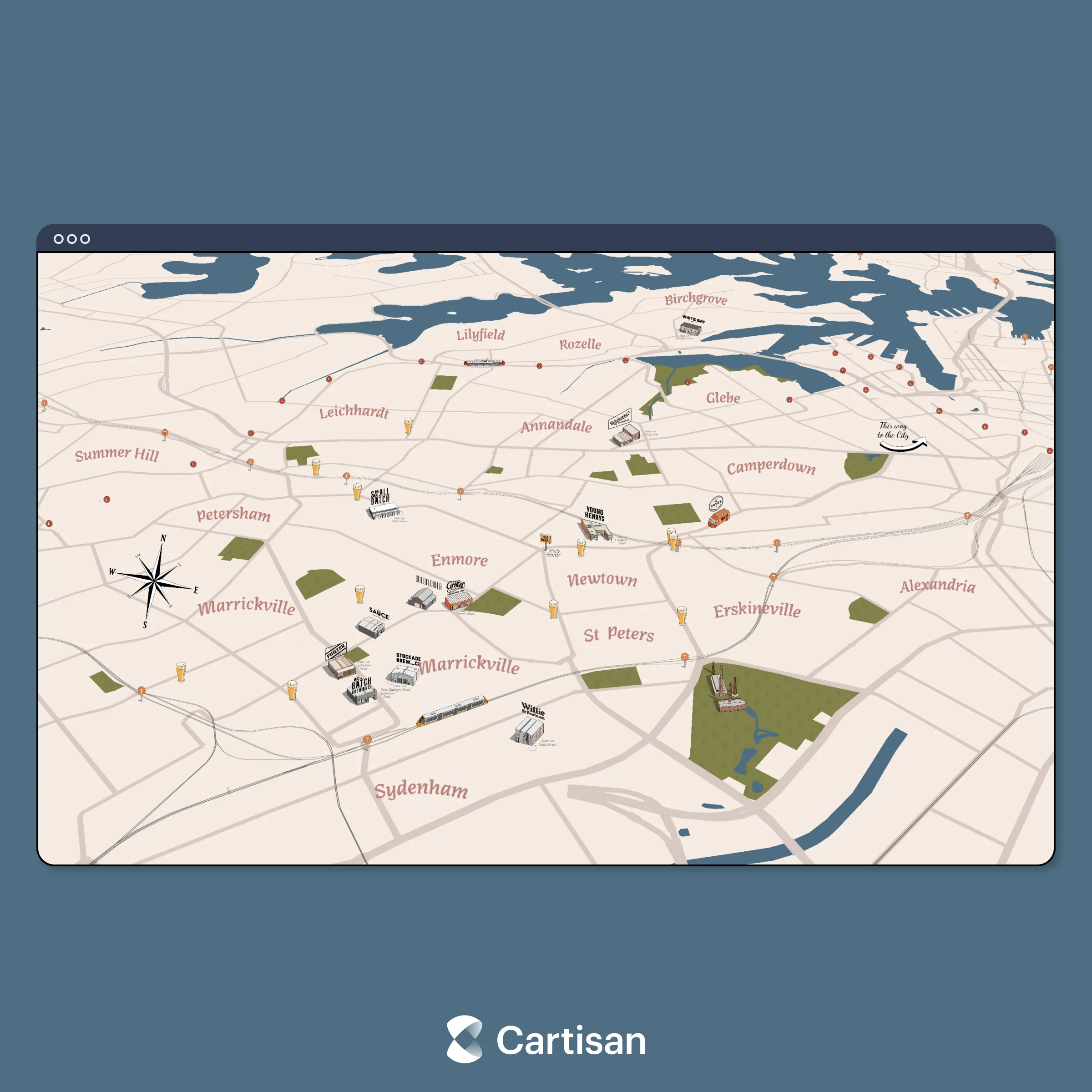 The Inner West Ale Trail interactive map, an illustrated map of breweries and stockists in Sydney's Inner West