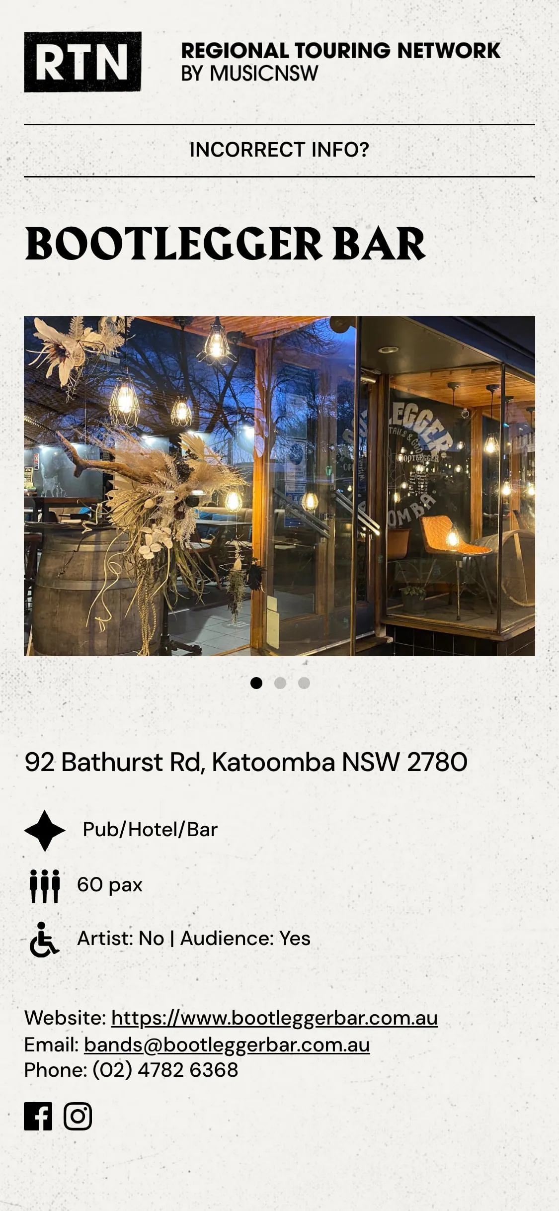 The Bootlegger Bar venue page on a phone: a photo of the bar's entrance, the address 92 Bathurst Rd, Katoomba NSW 2780, venue type pub/hotel/bar, 60 pax capacity, accessibility for artist and audience, and website, booking email and phone details.
