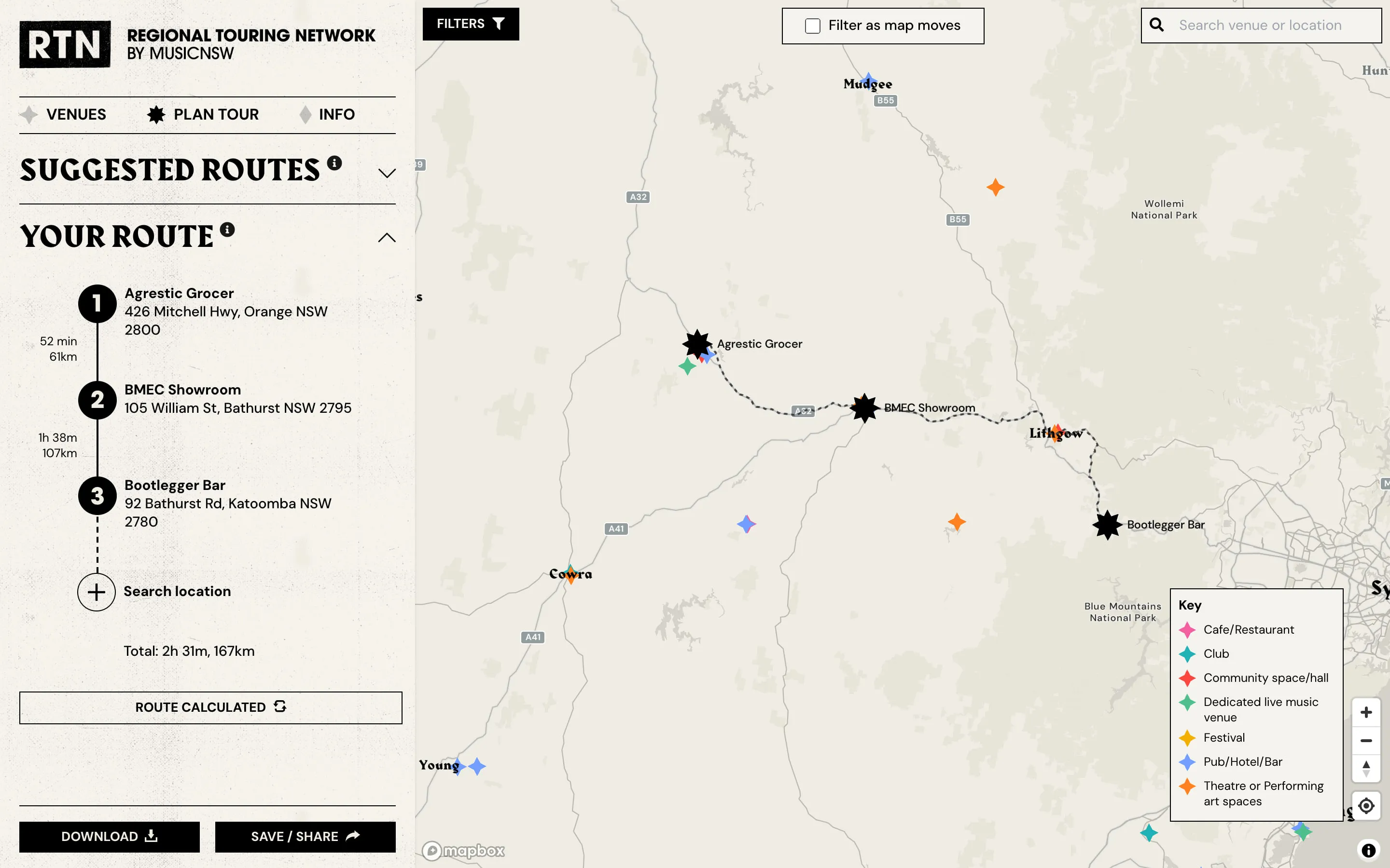 The Plan tour view of the Regional Touring Network. Your route lists three stops — Agrestic Grocer in Orange, BMEC Showroom in Bathurst and Bootlegger Bar in Katoomba — with drive times of 52 minutes and 1 hour 38 minutes between them and a total of 2 hours 31 minutes, 167 km. The map traces the route between the three venues, with Download and Save / share buttons below the list.