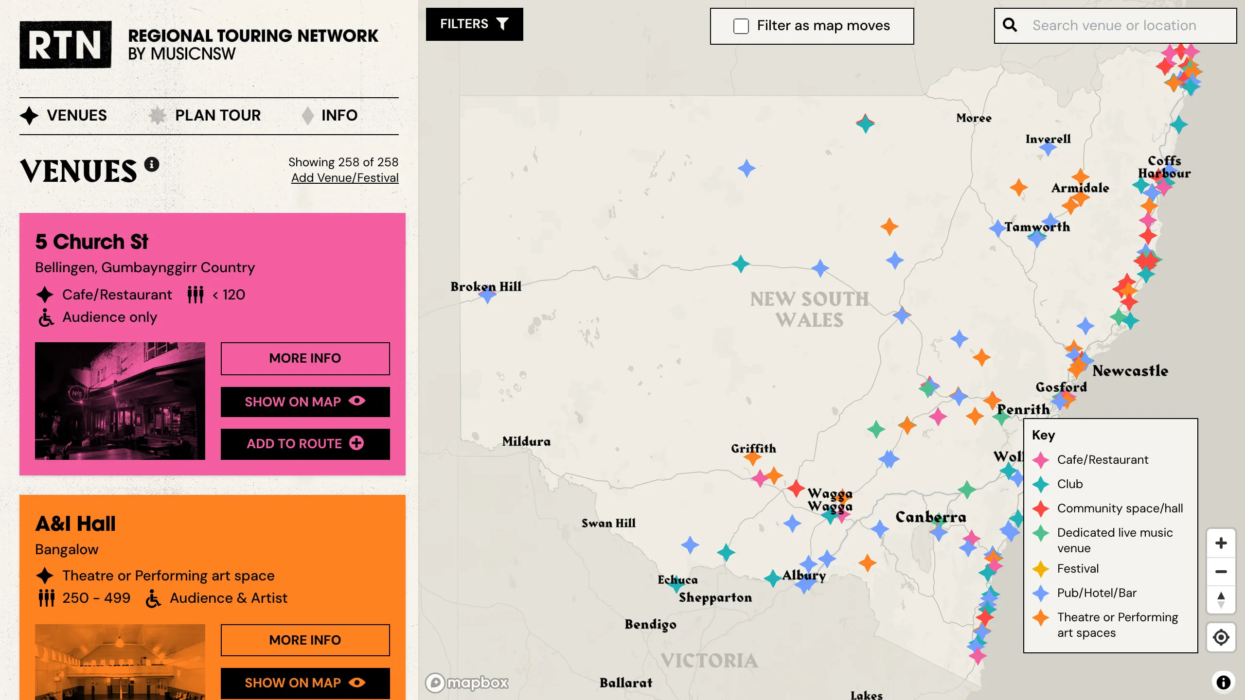 The Regional Touring Network by MusicNSW. A Venues list on the left shows 258 of 258 venues, with cards for 5 Church St in Bellingen (cafe/restaurant, under 120, audience only) and A&I Hall in Bangalow (theatre or performing art space, 250–499, audience and artist), each with More info, Show on map and Add to route buttons. A map of New South Wales on the right is marked with venues coloured by type: cafe/restaurant, club, community space/hall, dedicated live music venue, festival, pub/hotel/bar and theatre or performing art spaces.