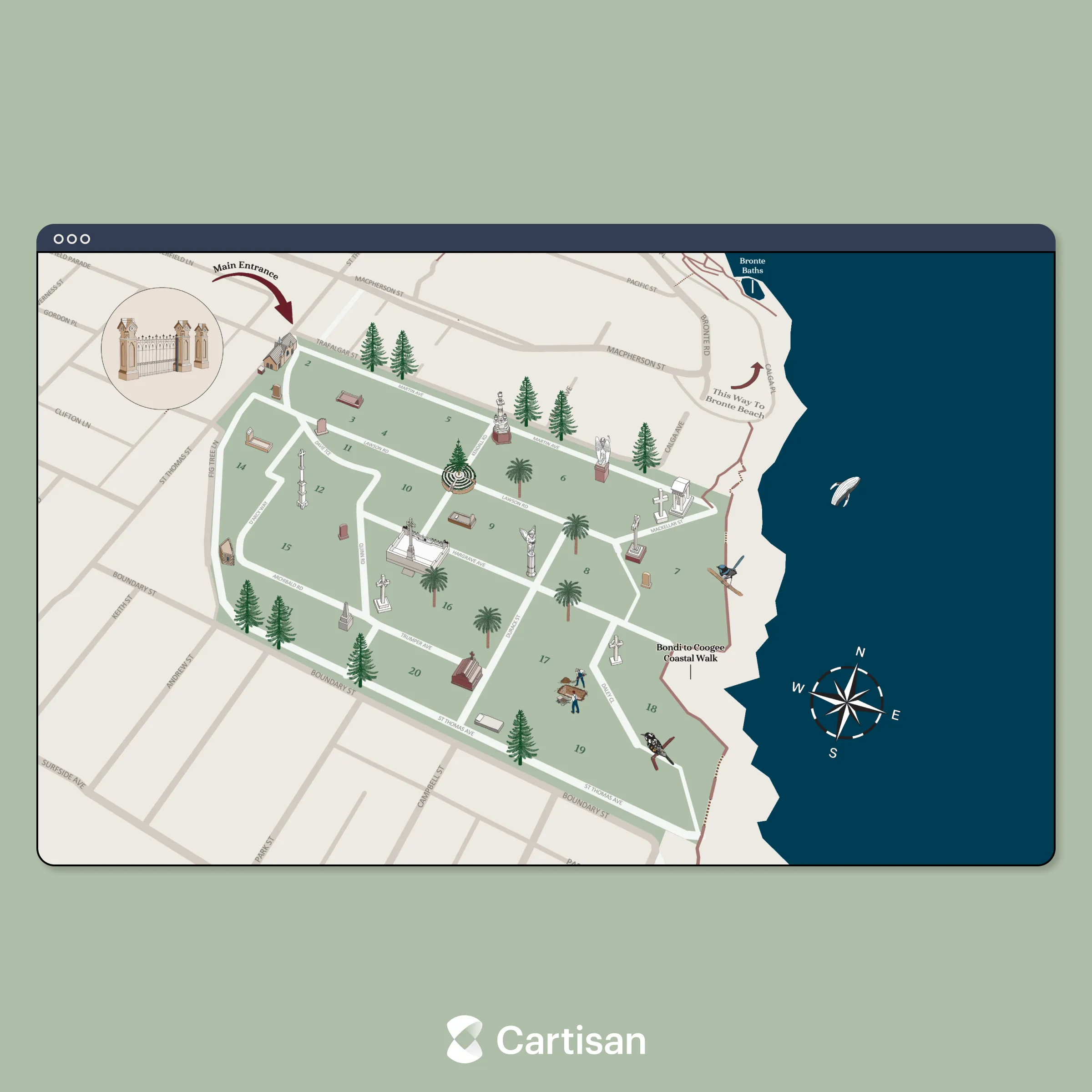 The Waverley Cemetery interactive map, an illustrated map of the clifftop cemetery with points of interest